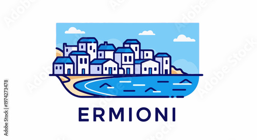 A picturesque coastal village with whitewashed buildings and blue roofs sits beside a calm blue sea