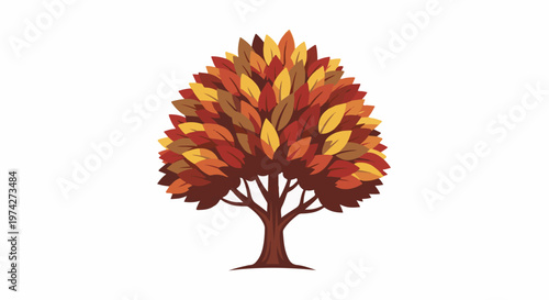 A stylized tree with vibrant autumn foliage in warm hues of red, orange, and yellow