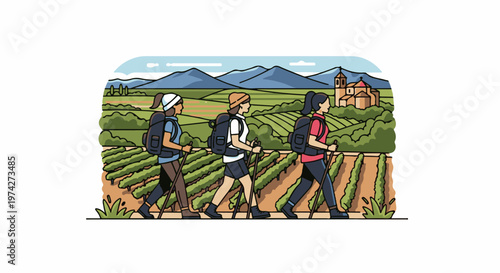 Three hikers traverse a scenic rural landscape with vineyards and distant mountains