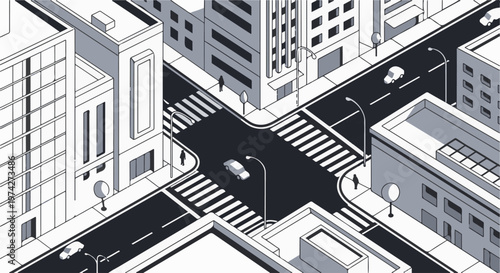 Isometric city intersection with cars and pedestrians in grayscale