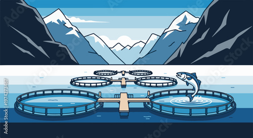 Pixel art depicts a fish farm in a serene, mountainous seascape with a jumping fish