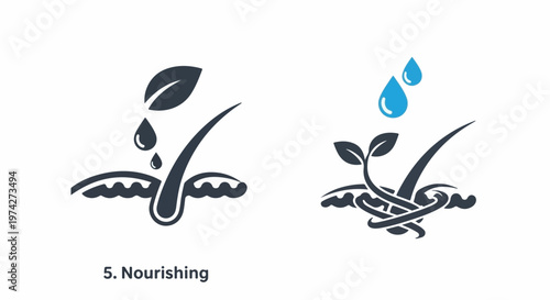 Two icons symbolizing nourishing plant growth and hair care with water droplets