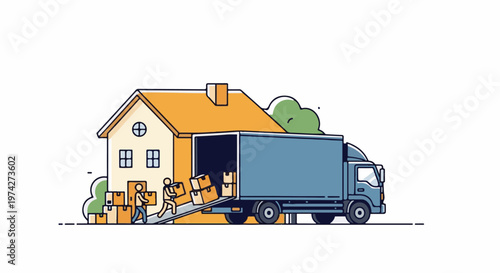 People carrying boxes into a moving truck beside a house