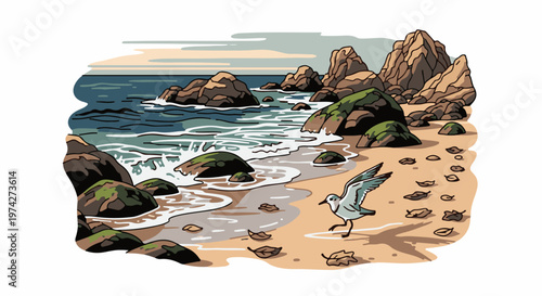 A pixel art coastal scene with waves, rocks, a sandy beach, and a bird