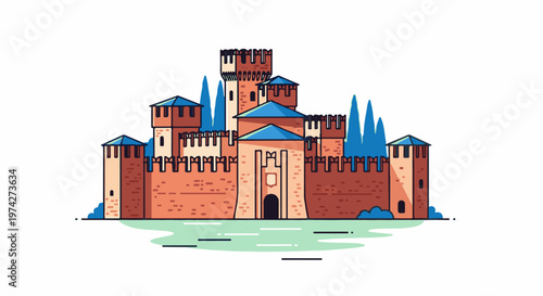 A stylized, cartoon-like castle with crenellated walls, towers, and conical roofs