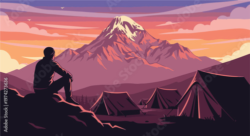 Pixelated adventurer gazes at snow-capped peak over tents at sunset
