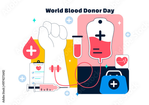 World Blood Donor Day Vector Illustration on June 14 Featuring Human Donating To Help Recipients and Save Lives In Flat Style Background
