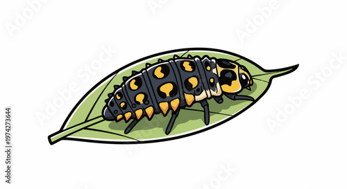 A cartoon ladybug larva with black and yellow markings crawls on a green leaf