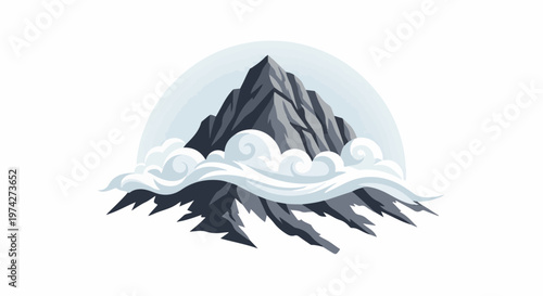 A pixelated mountain peak rises above swirling clouds, framed by a pale semicircle