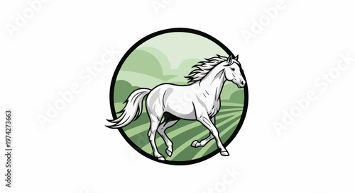 A white horse runs through a green, stylized landscape within a black circle