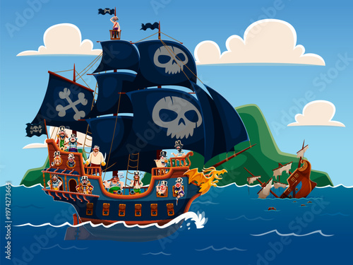 Cartoon pirates sail ship near the island and sunken galleon. Vector sea scene with ocean vessel and corsairs on deck, sailing under the sky, searching for adventurous Caribbean exploration and voyage