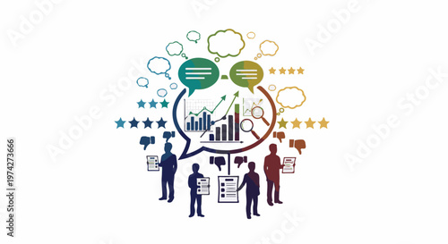 Business growth and feedback analysis with charts, stars, and silhouettes