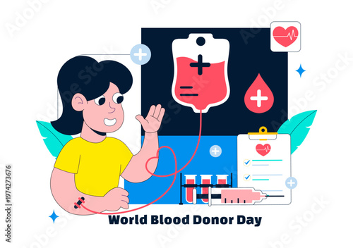 World Blood Donor Day Vector Illustration on June 14 Featuring Human Donating To Help Recipients and Save Lives In Flat Style Background