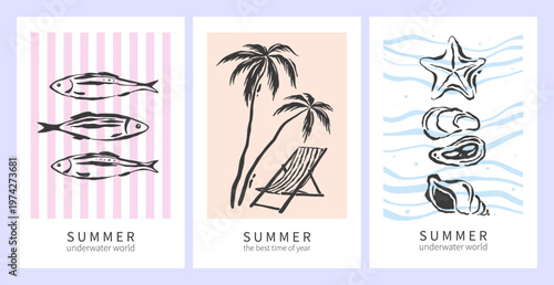 Сollection of summer Mediterranean posters with palm trees, sun lounger, seashells, sardines and seafood. Hand drawn vector illustration for ads, print, decor.