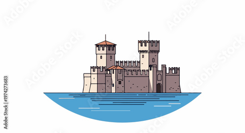 Medieval fortress with turrets and ramparts, set on tranquil blue water