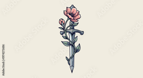 Sword entwined with blooming flower and budding vine