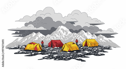 Pixel art scene of mountain campers with tents and cloudy skies