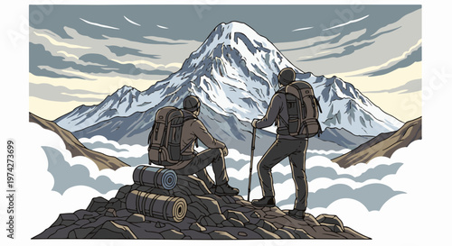 Two climbers gaze at a snow-capped mountain peak from a rocky outcrop above clouds