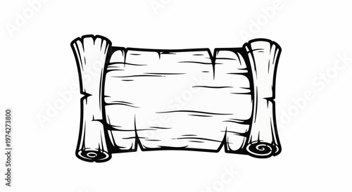 A black and white illustration of an unfurled scroll, with rolled edges and textured paper