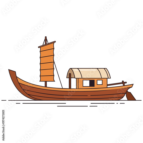 Traditional wooden sailboat on water.