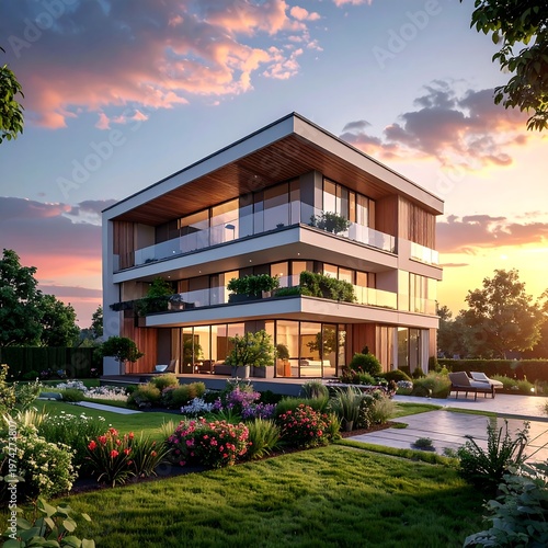 Modern, multi-story residence with large windows & balconies, set amid lush landscaping, bathed in warm sunset hues