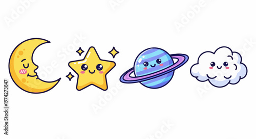 Cute cartoon moon, star, planet, and cloud characters with blushing cheeks and smiling faces