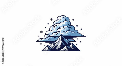 Stylized snowy peaks beneath a dramatic, fluffy cloud formation with falling snowflakes