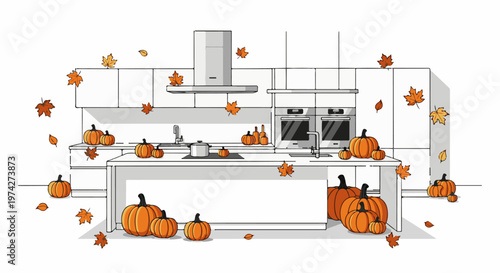 Festive autumn pumpkins and falling leaves decorate a modern kitchen interior