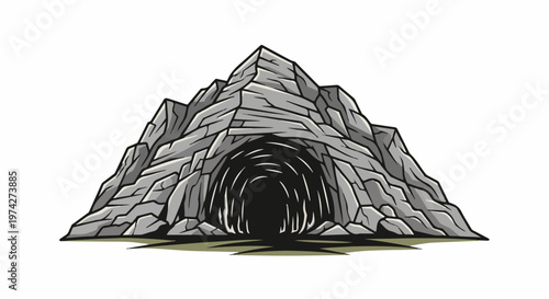 Rocky mountain with dark cavern entrance, sharp peaks, textured stone, inviting mystery, shadow play