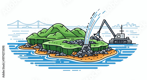 A crane deposits rocks on a grassy island with hills, near a bridge and cityscape