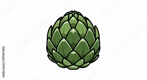 A detailed, stylized illustration of a green artichoke with layered leaves and a black outline on a white background
