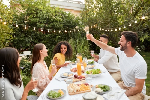 Diverse Friends Celebrating at Summer Garden Party with Outdoor Dinner and Toast
