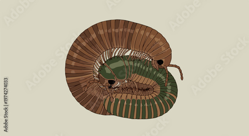 Brown and green segmented creature coiled in a spiral shape