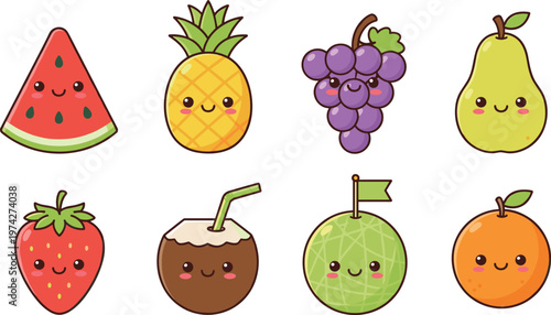 Vector illustration of cute cartoon fruits with smiling faces and rosy cheeks in playful kawaii style
