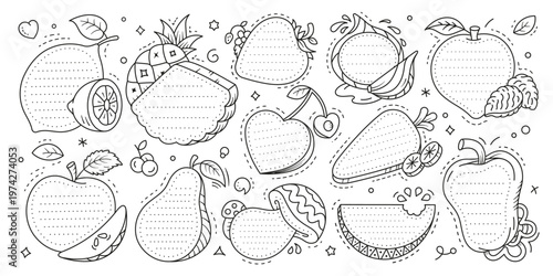 Kids memo note frame stickers with ripe fruits and vegetables, vector labels set. Kids memo note templates or notebook paper sheets with notepad page lines in shape of fruits and vegetables for notes
