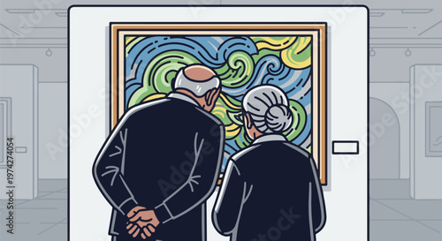 Couple in suits admire swirling abstract art in a museum gallery setting