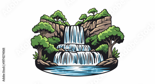 A layered waterfall cascades down rocky cliffs surrounded by lush green trees