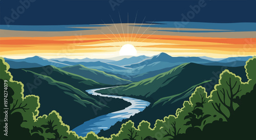 Pixelated mountain valley with a river winding through it under a sunset sky