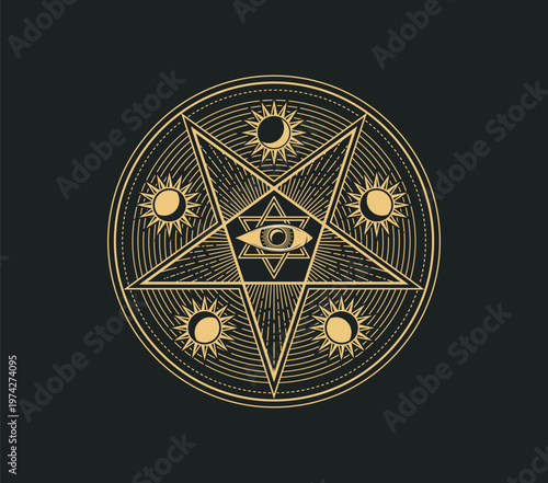 Mystical, magic and astrology occult symbol with central radiant star surrounded by smaller suns. Esoteric Star of David and watchful eye with sacred magic for mystical amulets, or fantasy book