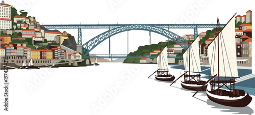 A scenic river vista featuring a grand arch bridge connecting hillsides dotted with buildings and traditional boats
