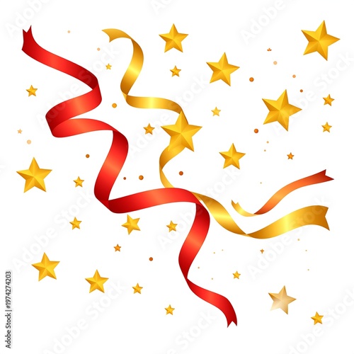 Festive illustration featuring swirling red and gold ribbons, and scattered golden stars, creating a celebratory design