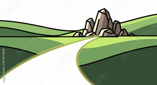 A stylized, minimalist landscape with rolling green hills and a rocky outcrop
