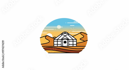 A minimalist, line-art illustration depicts a desert landscape with a yurt under a gradient sky