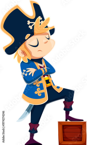 Cartoon pirate kid boy character standing proudly with crossed arms and foot on wood crate. Young corsair sailor wearing tricorn captain hat and classic costume with sword. Vector cute child buccaneer