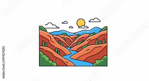 Stylized canyon landscape with a winding river under a sunny sky