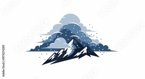 Snowy mountain peaks under a cloudy, stormy sky with falling snow