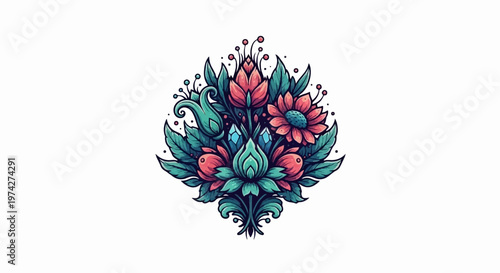 A vibrant, pixelated floral arrangement with lush foliage, blooming flowers, and sparkling gems