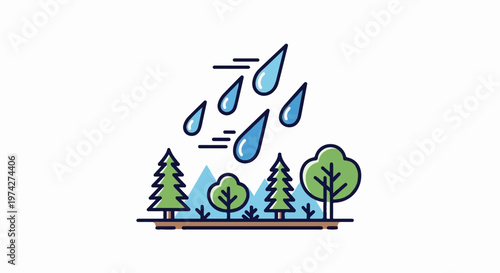 A stylized illustration depicts raindrops falling on a forest with mountains in the background