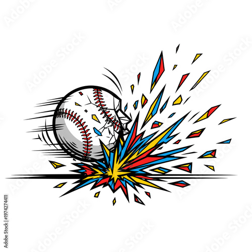 Baseball exploding into colorful fragments, dynamic action shot