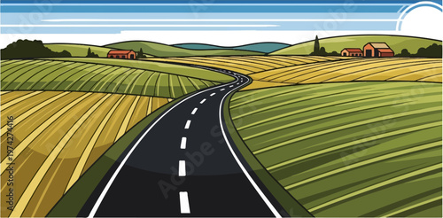 A winding asphalt road through lush green and golden farm fields under a bright blue sky